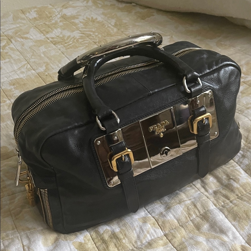 Prada Black Leather Bag with Gold and Silver Hardware